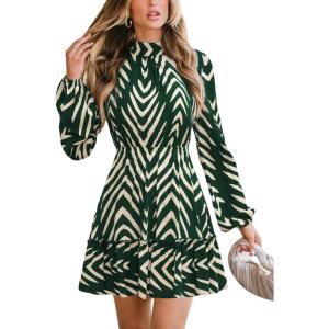 CUPSHE Ruffle Fall Dress for Women Geometric Stand Collar Long Sleeve Back Tie Cutout Smocked Mini Dresses(Green)