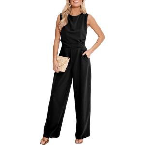 CUPSHE Summer Maxi Jumpsuit Round Neck Sleeveless Wide Leg One Piece Fall Outfit Pockets Fitted Overall Casual Maxi Romper(Black)