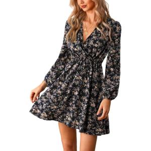 CUPSHE Women Floral Ruffle Summer Dress Surplice V Neck Long Peasant Sleeve Elastic Waist Flowy Casual Holiday Mini Dress(Black)