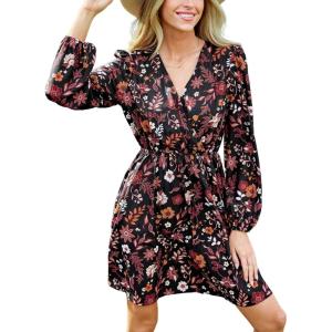 CUPSHE Women Floral Ruffle Summer Dress Surplice V Neck Long Peasant Sleeve Elastic Waist Flowy Casual Holiday Mini Dress(Black Red Floral)