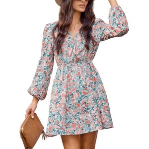 CUPSHE Women Floral Ruffle Summer Dress Surplice V Neck Long Peasant Sleeve Elastic Waist Flowy Casual Holiday Mini Dress(Orange Floral)