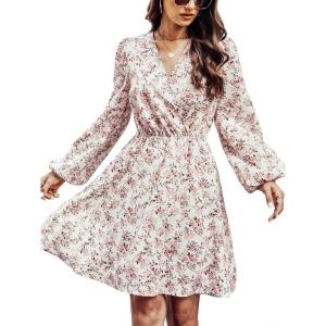 CUPSHE Women Floral Ruffle Summer Dress Surplice V Neck Long Peasant Sleeve Elastic Waist Flowy Casual Holiday Mini Dress(White)