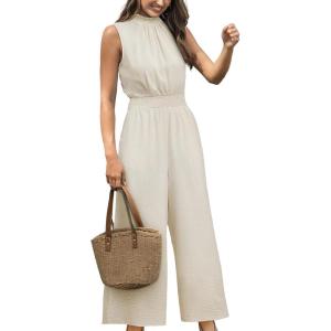 CUPSHE Women Floral Summer Maxi Jumpsuit with Pocket Mock Neck Elastic Waist Wide Leg Business Wedding Casual Holiday Dressy(Beige)