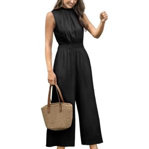 CUPSHE Women Floral Summer Maxi Jumpsuit with Pocket Mock Neck Elastic Waist Wide Leg Business Wedding Casual Holiday Dressy(Black)