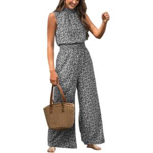 CUPSHE Women Floral Summer Maxi Jumpsuit with Pocket Mock Neck Elastic Waist Wide Leg Business Wedding Casual Holiday Dressy(Black Floral)