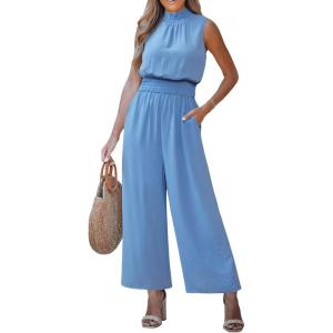 CUPSHE Women Floral Summer Maxi Jumpsuit with Pocket Mock Neck Elastic Waist Wide Leg Business Wedding Casual Holiday Dressy(Blue)