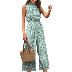 CUPSHE Women Floral Summer Maxi Jumpsuit with Pocket Mock Neck Elastic Waist Wide Leg Business Wedding Casual Holiday Dressy(Green Floral)
