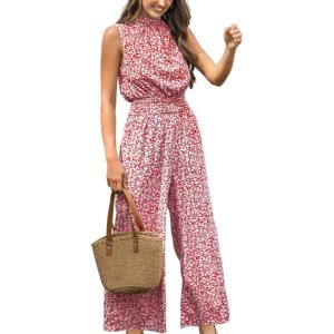 CUPSHE Women Floral Summer Maxi Jumpsuit with Pocket Mock Neck Elastic Waist Wide Leg Business Wedding Casual Holiday Dressy(Red Floral)