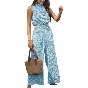 CUPSHE Women Floral Summer Maxi Jumpsuit with Pocket Mock Neck Elastic Waist Wide Leg Business Wedding Casual Holiday Dressy(Sky Blue Floral)