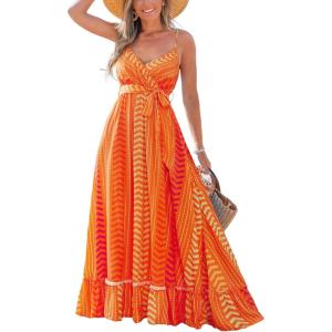 CUPSHE Women Maxi Dresses Spaghetti Straps V Neck Sleeveless Belted Beach Boho Ruffled Summer Pockets Vacation Casual Dress(Orange Paisley)