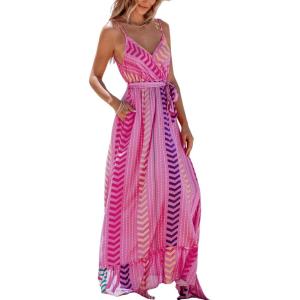 CUPSHE Women Maxi Dresses Spaghetti Straps V Neck Sleeveless Belted Beach Boho Ruffled Summer Pockets Vacation Casual Dress(Pink Paisley)