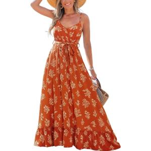CUPSHE Women Maxi Dresses Spaghetti Straps V Neck Sleeveless Belted Beach Boho Ruffled Summer Pockets Vacation Casual Dress(Red Paisley)