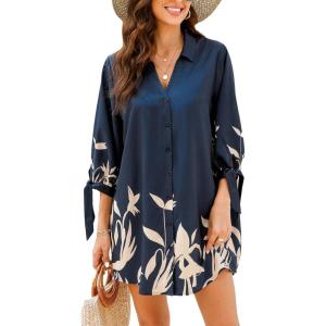 CUPSHE Women Mini Summer Dress Cover Up Oversize Floral Shirt 3/4 Sleeve Cuff Tie Button Down Beach Dresses Cover Up Top(Blue Floral)