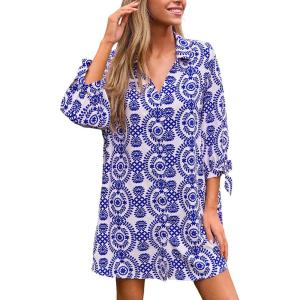 CUPSHE Women Mini Summer Dress Cover Up Oversize Floral Shirt 3/4 Sleeve Cuff Tie Button Down Beach Dresses Cover Up Top(Blue Paisley)
