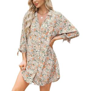 CUPSHE Women Mini Summer Dress Cover Up Oversize Floral Shirt 3/4 Sleeve Cuff Tie Button Down Beach Dresses Cover Up Top(Orange Floral)