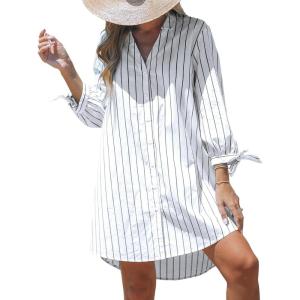 CUPSHE Women Mini Summer Dress Cover Up Oversize Floral Shirt 3/4 Sleeve Cuff Tie Button Down Beach Dresses Cover Up Top(White Pinstriped)