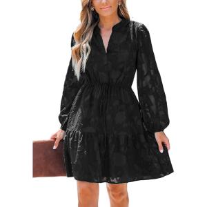 CUPSHE Women Ruffle Lace Mini Fall Dresses Semi Formal Wedding Guest Dress V Neck Long Puff Sleeve Elastic Waist Tie(Black)