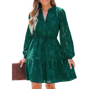 CUPSHE Women Ruffle Lace Mini Fall Dresses Semi Formal Wedding Guest Dress V Neck Long Puff Sleeve Elastic Waist Tie(Green)
