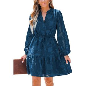CUPSHE Women Ruffle Lace Mini Fall Dresses Semi Formal Wedding Guest Dress V Neck Long Puff Sleeve Elastic Waist Tie(Navy Blue)