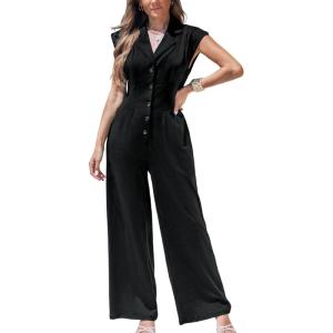 CUPSHE Women’s Cap Sleeve Jumpsuits Dressy One Piece V Neck Buttons Down Collar Wide Leg Pants Jumpsuit(Black)