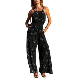 CUPSHE Women’s Casual Loose Overalls Jumpsuits High Neck Sleeveless Wide Leg Boho One Piece Rompers With Pockets(Floral Black)