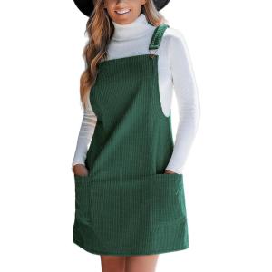 CUPSHE Women’s Corduroy Overall Dress Square Neck A Line Fall Pinafore Mini Dress with Pockets(Green)