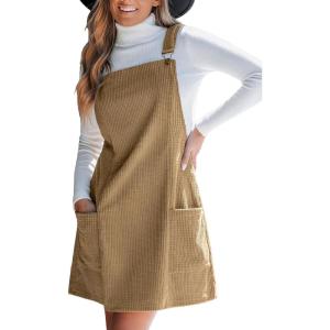 CUPSHE Women’s Corduroy Overall Dress Square Neck A Line Fall Pinafore Mini Dress with Pockets(Khaki)