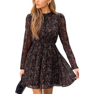 CUPSHE Women’s Fall Dresses Floral Chiffon Mock Neck Long Sleeves A Line Flowy Mini Dress(Black Floral)