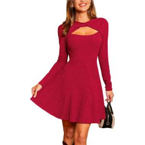 CUPSHE Womens Fall Dresses Long Sleeve High Neck Cutout Knit Christmas Outfit Knit Party Dress(Red)