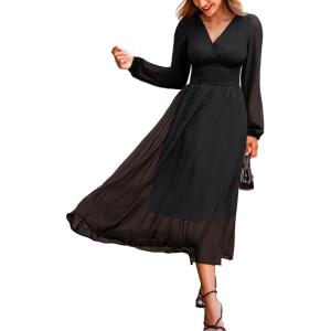 CUPSHE Women’s Fall V Neck Long Sleeve Maxi Dresses Smocked Waist Elegant Cocktail Wedding Guest Dress(Black)
