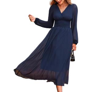 CUPSHE Women’s Fall V Neck Long Sleeve Maxi Dresses Smocked Waist Elegant Cocktail Wedding Guest Dress(Navy Blue)