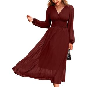 CUPSHE Women’s Fall V Neck Long Sleeve Maxi Dresses Smocked Waist Elegant Cocktail Wedding Guest Dress(Red)