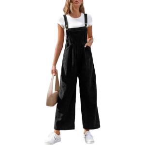 CUPSHE Womens Jumpsuit Corduroy Overalls Square Neck Sleeveless Wide Leg Jumpsuits Pockets Casual Outfit Loose Fall Romper(Black)