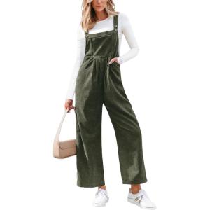 CUPSHE Womens Jumpsuit Corduroy Overalls Square Neck Sleeveless Wide Leg Jumpsuits Pockets Casual Outfit Loose Fall Romper(Green)
