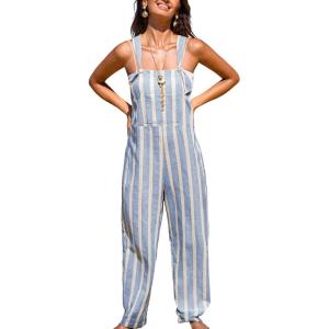 CUPSHE Women’s Jumpsuit Striped Sleeveless Square Neck One Piece Casual Romper Summer Beach Travels Outfits Vacation Blue(Blue)