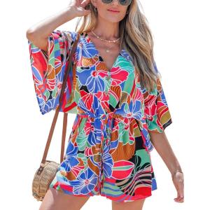 CUPSHE Women’s Jumpsuits Boho Short Sleeve V Neck Wide Leg Overall Tie Outfit Casual Beach(Blue Flower)