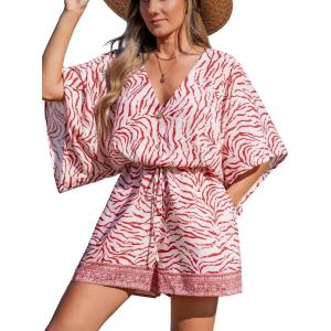 CUPSHE Women’s Jumpsuits Boho Short Sleeve V Neck Wide Leg Overall Tie Outfit Casual Beach(Pink Stripe)