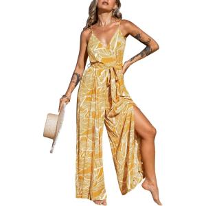 CUPSHE Women’s Jumpsuits Floral Tropical Wide Leg Jumpsuit Sleeveless Overall V Neck Outfit Casual(Yellow Floral)