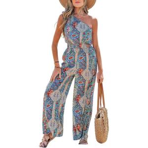 CUPSHE Women’s Jumpsuits Sleeveless Floral One Shoulder Wide Leg Long Pants 2025 Trendy Travel Outfit Pocket(Blue Print)