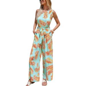 CUPSHE Women’s Jumpsuits Sleeveless Floral One Shoulder Wide Leg Long Pants 2025 Trendy Travel Outfit Pocket(Light Blue)