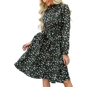 CUPSHE Womens Long Fall Dresses High Neck Long Sleeve Belted Floral Printed Flowy Midi Casual Dress(Green Printed)