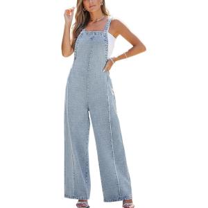 CUPSHE Womens Maxi Denim Jumpsuit Square Neck Sleeveless Casual Backless Loose Overall Jeans Wide Leg Long One Piece Jumpsuit(Light Blue)