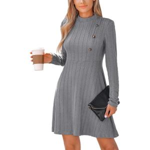 CUPSHE Women’s Mini Dresses Round Neck Long Sleeve Textured Button Knit A Line Short Casual Fall Dresses(Grey)