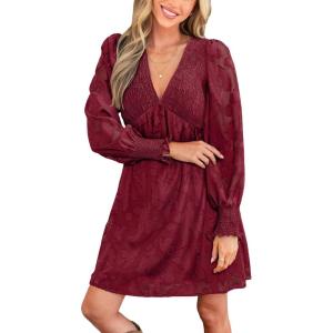 CUPSHE Women’s Mini Fall Dress V Neck Long Sleeves Lace Smocked Casual Short A Line Wedding Guest Dress(Burgundy)
