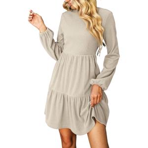 CUPSHE Women’s Mini Fall Dresses Knit Casual Long Sleeve Crew Neck Flowy Tiered Ruffled Short Sweater Dress(Beige)