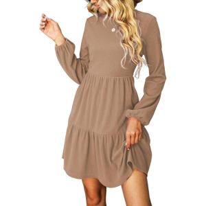 CUPSHE Women’s Mini Fall Dresses Knit Casual Long Sleeve Crew Neck Flowy Tiered Ruffled Short Sweater Dress(Camel)