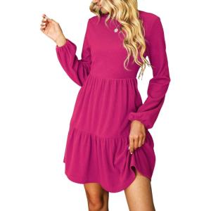CUPSHE Women’s Mini Fall Dresses Knit Casual Long Sleeve Crew Neck Flowy Tiered Ruffled Short Sweater Dress(Hot Pink)