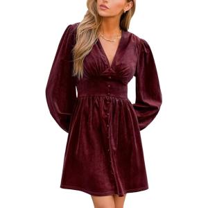 CUPSHE Women’s Mini Party Dresses V Neck Button Long Sleeve Smocked Tunic Waist Casual Short Flowy Fall Cocktail Dress(Burgundy)