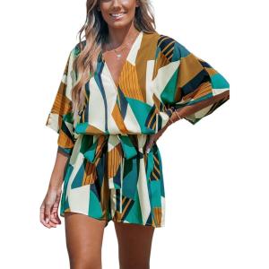 CUPSHE Women’s Mini Romper Summer Beach Vacation Loose Fit Half Sleeve V Neck Resort Wear Tropical Holiday Short Jumpsuit(Green Tropical)