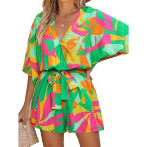 CUPSHE Women’s Mini Romper Summer Beach Vacation Loose Fit Half Sleeve V Neck Resort Wear Tropical Holiday Short Jumpsuit(Lime Green)